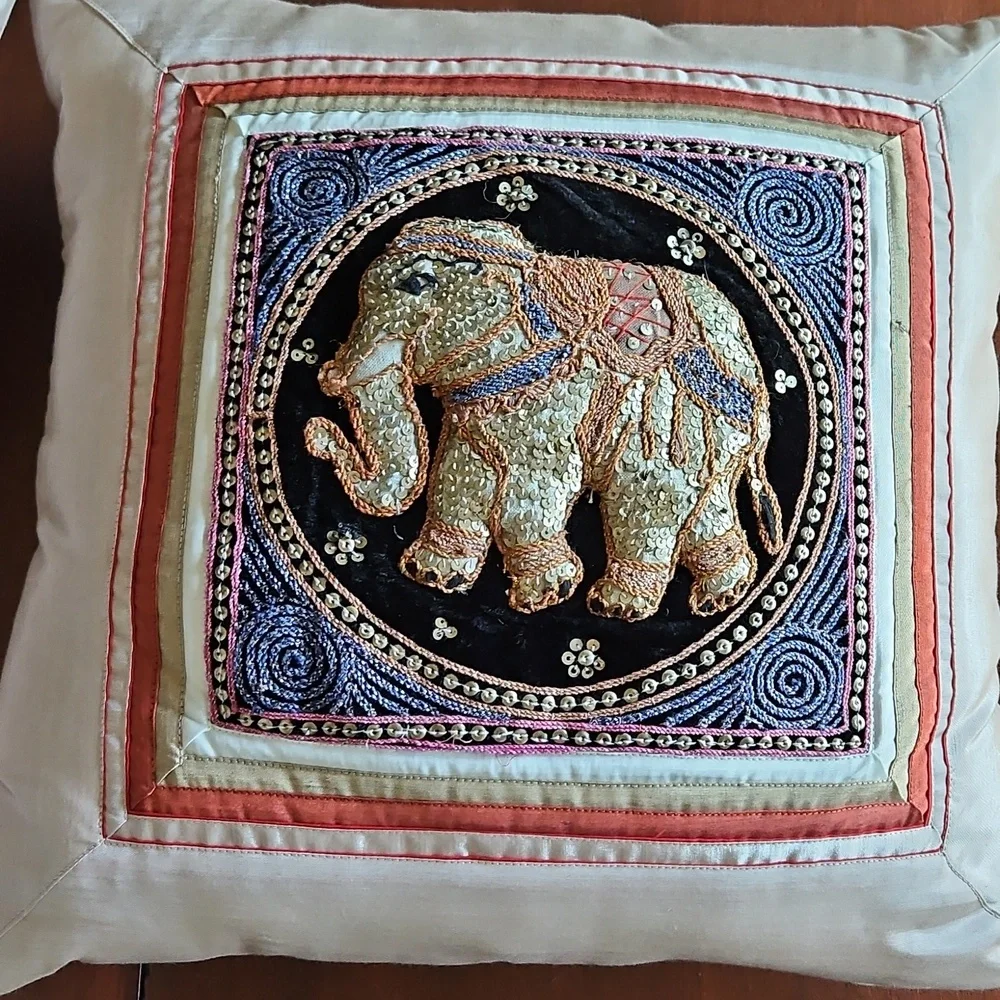 Throw Pillow Cover Set Elegant Thai Elephant Sequin Embroidered Set - 1980's
